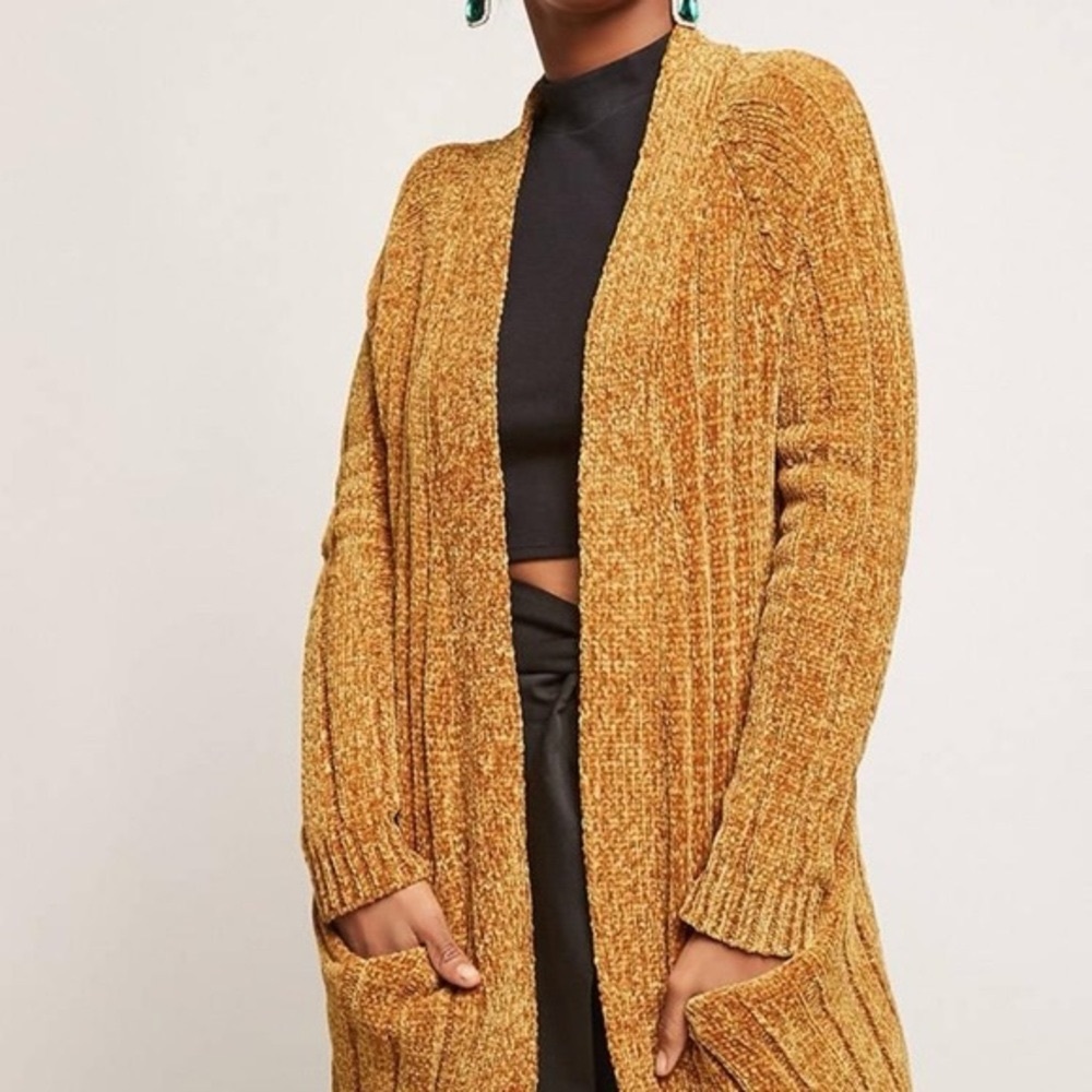 Velvet Hearts mustard yellow chenille velvet cardigan NWOT